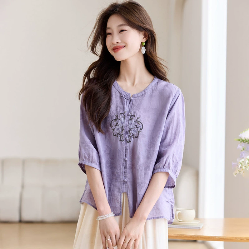 Новые женские рубашки с рукавами три четверти в китайском стиле в национальном стиле, лето 2025, высококачественная свободная элегантная рубашка на пуговицах