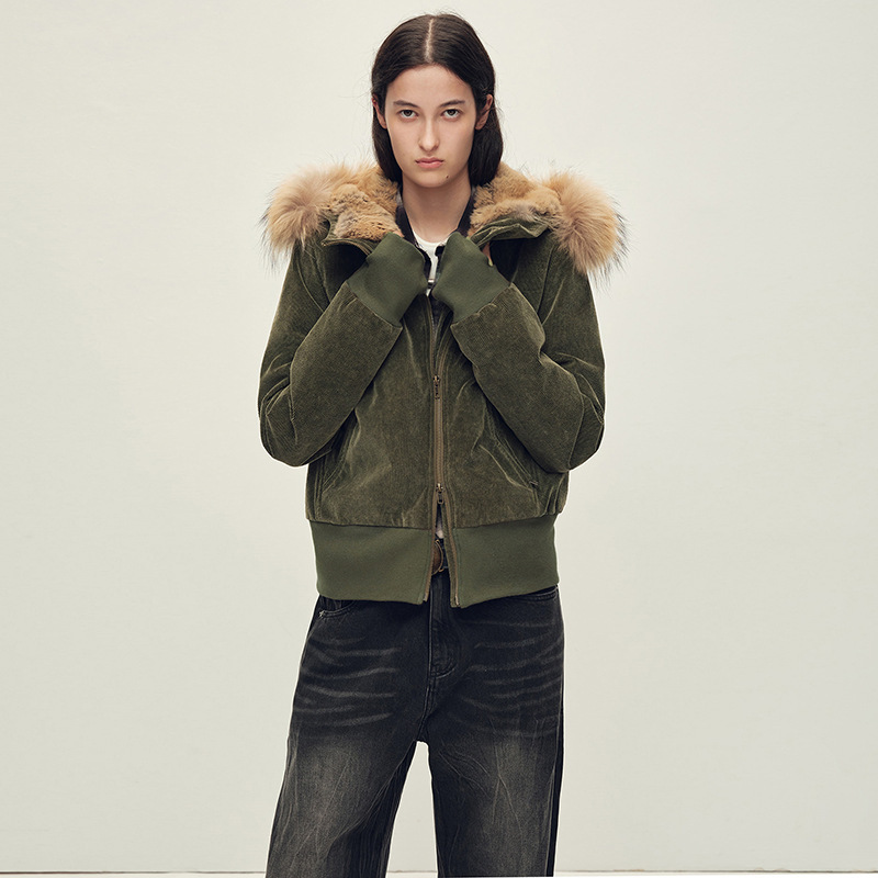 "Celestial Years" Corduroy Fur down Jacket Goose down Parka Short Raccoon Fur Hooded Trendy Cool Internet Celebrity New