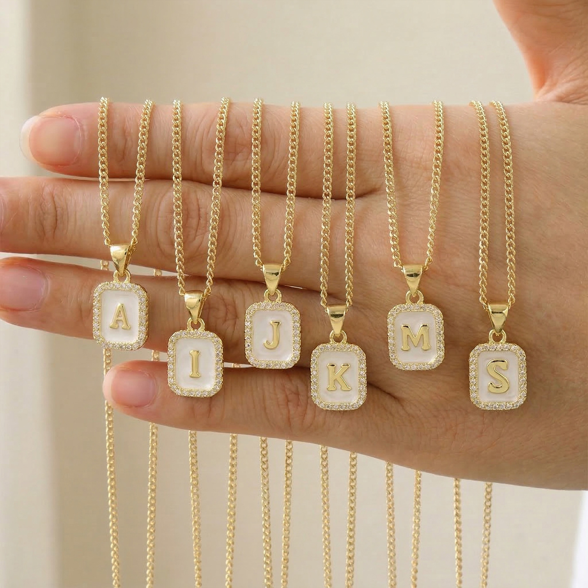 Foreign Trade Cross-Border Hot-Selling Copper Gold-Plated Geometric Square Pendant Necklace with 26 English Letters and Diamonds Wholesale