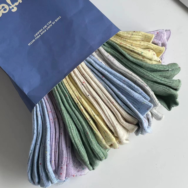 2022 Double-Needle Ribbed Spring and Summer Thin Yarn Mid-Calf Socks for Girls, Thin Striped Solid Color Socks for Women, Pure Cotton Breathable