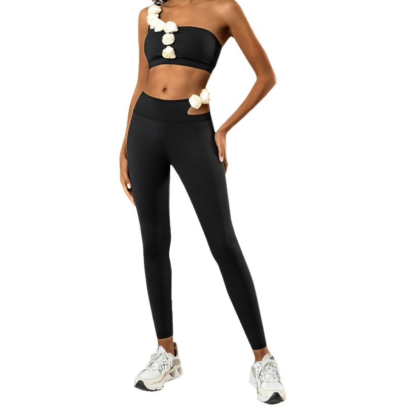 Traje de Yoga de comercio exterior europeo y americano para mujer de secado rápido de alta elasticidad envuelto en el pecho a prueba de golpes correr fitness deportes pantalones de cintura alta conjunto de dos piezas