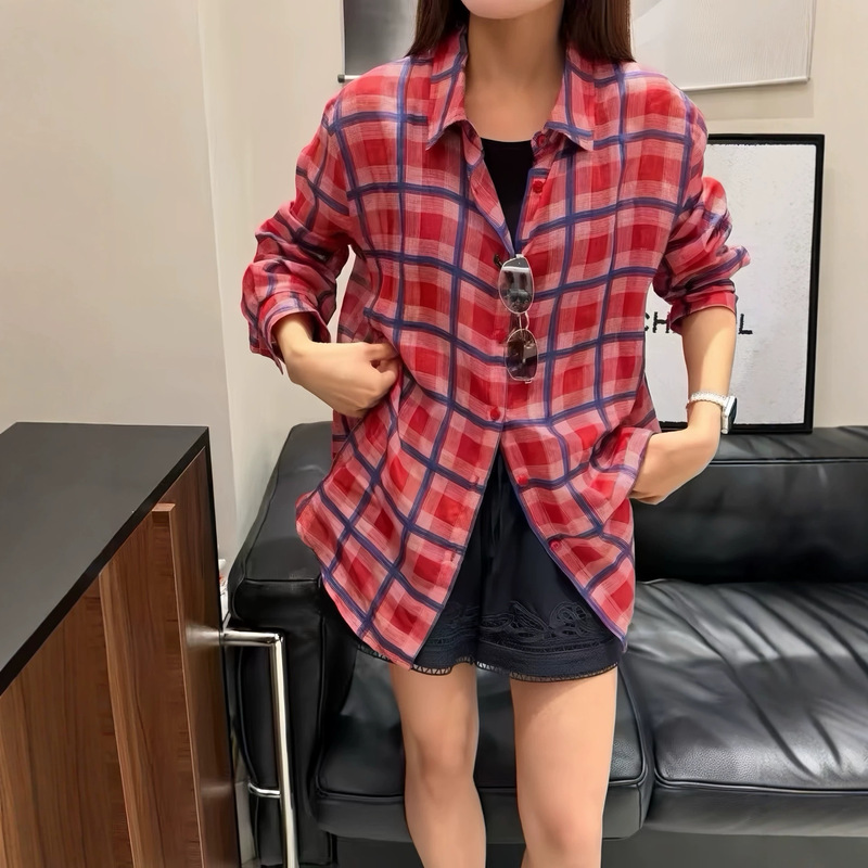 Shenzhen Nanyou Old Money Style Retro Plaid Classic Lapel Single-Breasted Sun Protection Shirt for Women Summer Long-Sleeved Casual Shirt