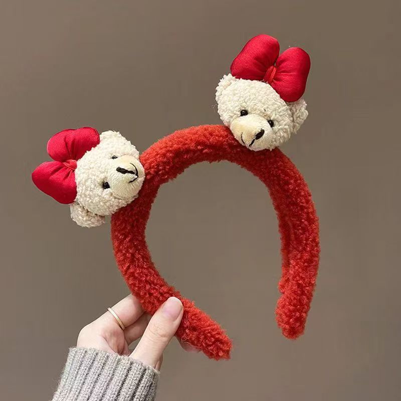 Nuevo lindo Año del Caballo festivo de peluche para las mujeres Año Nuevo lavar la cara de Navidad presión de cabello para la atmósfera de tocado rojo