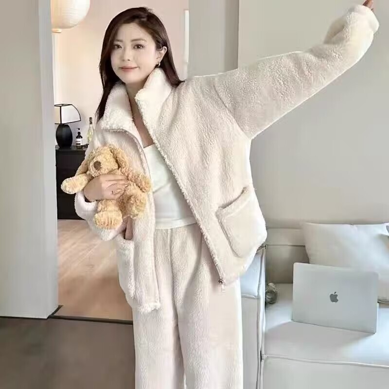 珊瑚绒大码睡衣女士加绒加厚立领拉链法兰绒暖暖套装秋冬外穿家居|undefined