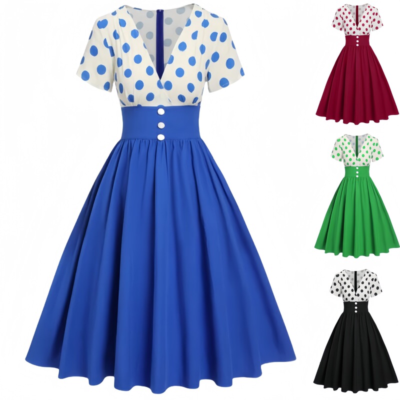 Factory supply in stock cross-border foreign trade 2024 new best selling party leisure fashion wave point splicing dress