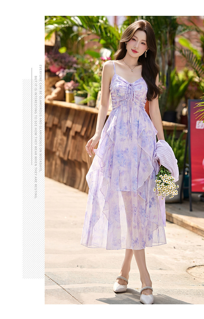 Đầm maxi nữ hai dây hoa nhí kèm áo khoác cardigan tay bèo — màu xanh nhạt, màu tím nhạt chi tiết 13