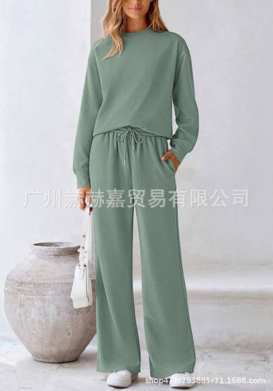 现货2025欧美宽松简约纯色休闲套装女秋冬季新款纹理抽绳运动装女|undefined