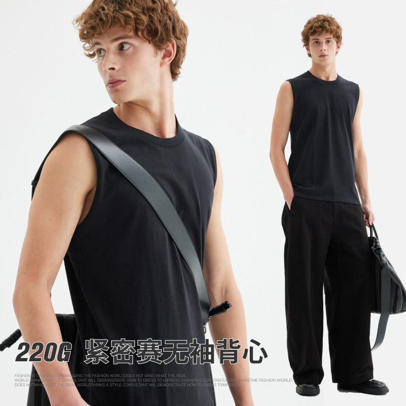 220g Tight Sai Sleeveless Vest Cotton Men's Summer Youth Leisure Sports Solid Color Simple Round Collar Shirt 220g Tight Sai Sleeveless Vest Cotton Men's Summer Youth Leisure Sports Solid Color Simple Round Collar Shirt