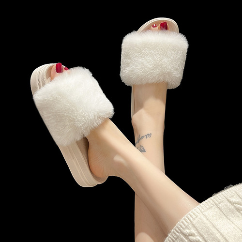 Cross-border new furry slippers for women to keep warm at home Internet celebrity thick-soled platform sole round-toe sandals for women foreign trade