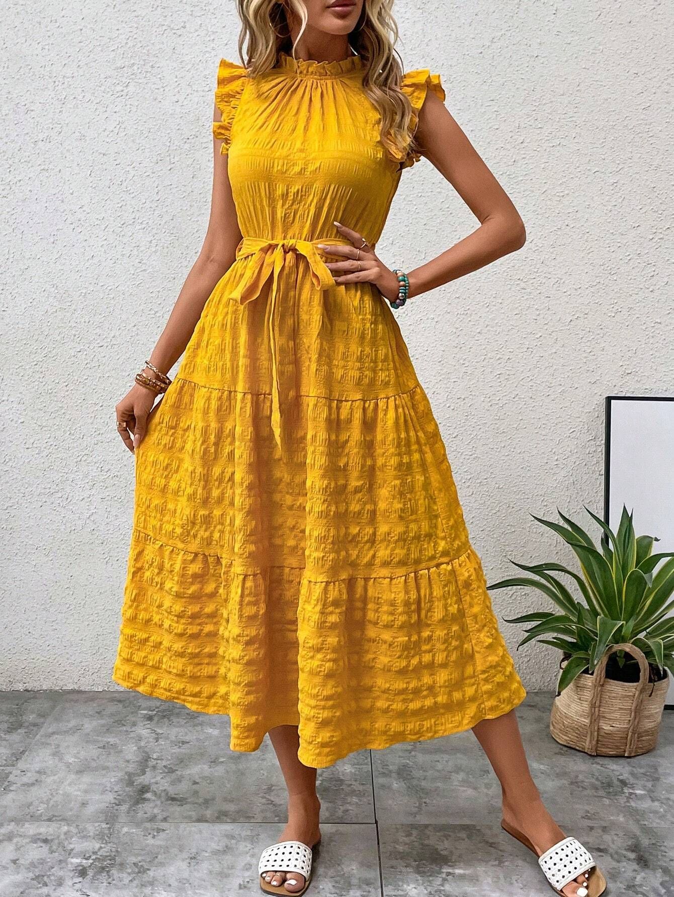 Women's Regular Dress Streetwear Scalloped Neckline Lettuce Trim Sleeveless Solid Color Midi Dress Daily display picture 15