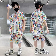 男童花衬衫套装夏季薄款洋气儿童两件套2025新款男孩痞帅童装潮