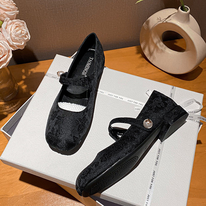Giày Mary Jane nữ mũi vuông quai ngang đính ngọc trai, gót thấp 1–3 cm — Màu mơ, Đen
