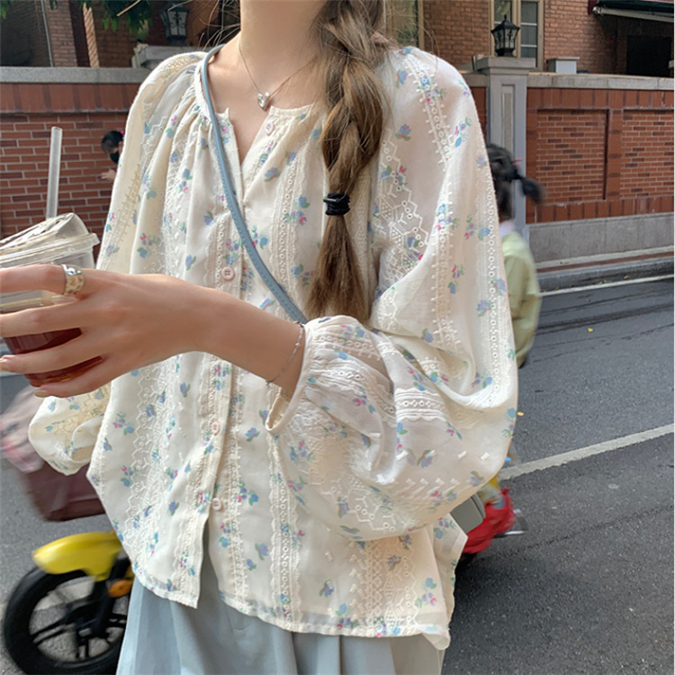 Fresh Style Floral Long-sleeved Shirt Women's Shirt Korean Style Loose Slimming Round Neck Sweet Girly Shirt