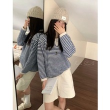 秋季韩系新款宽松小v领长袖针织衫2025慵懒条纹打底毛衣上衣黑色