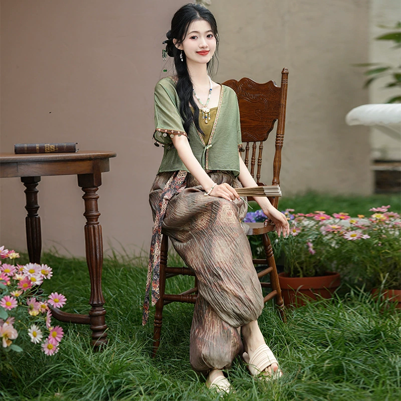 9638 Новый китайский стиль дикий летний национальный стиль с V-образным вырезом кардиган улучшенный набор фонарных брюк