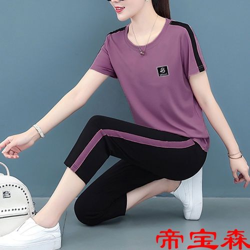运动套装女夏季新款大码女装时尚洋气七分裤休闲两件套妈妈装夏装|ms