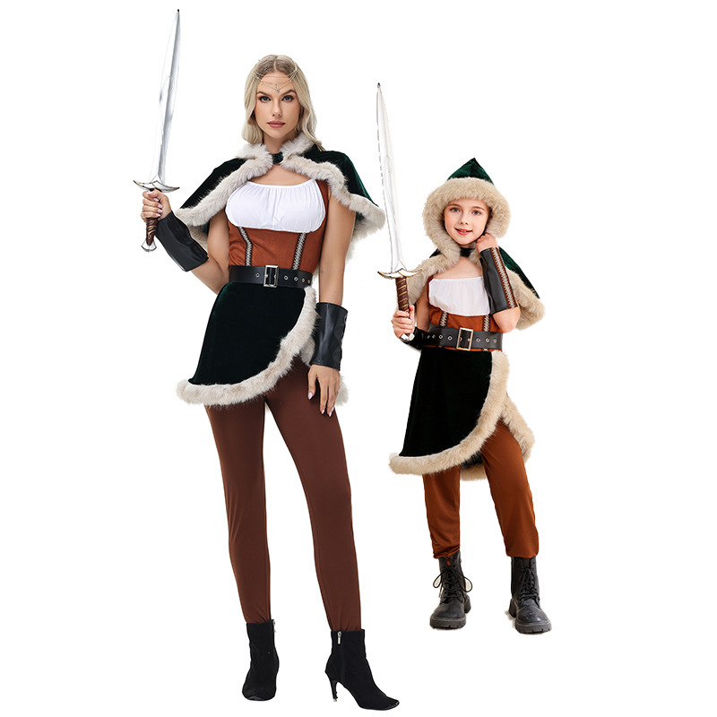 Mother-Daughter Matching Cosplay Outfit Retro Court-Style Female Knight Hooded Plush Cape Waist Dress Parent-Child Set