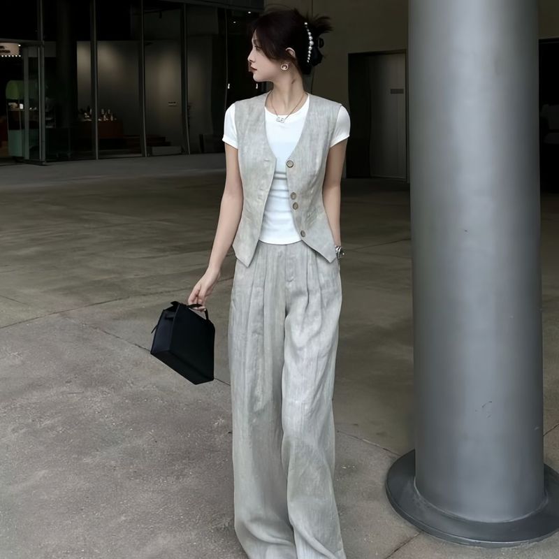 轻熟小洋装三件套装女夏季感休闲西装马甲纯色T恤垂感阔腿裤|undefined