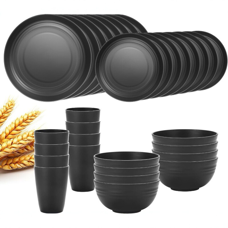 Amazon Wheat Straw Household Plastic Dinner Plate Round Rice Bowl Cup Spoon Fork Tableware Gift 16 Pieces suit