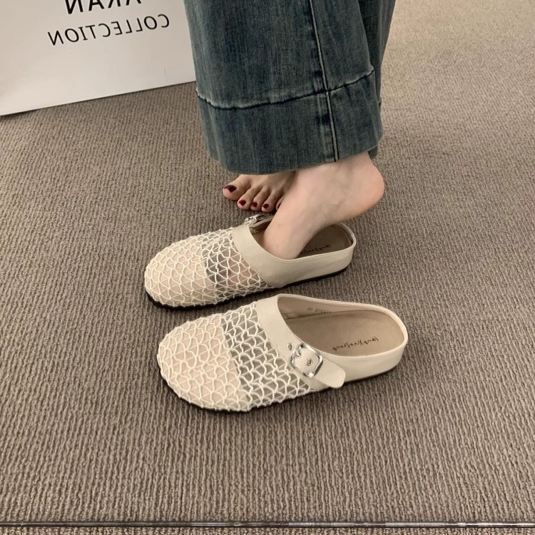 Media pantuflas de malla transpirable hueca de nicho francés, mujer que usa una red de pesca de suela gruesa para el verano, zapatos Birken