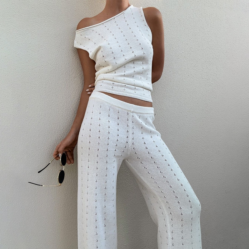 Ärmellose Weste und lange Hose im lässigen Stil für Frühling und Sommer, Strand-Look, gestrickt, geprägt, elegant – Set für Damen (2025)_voghion.com