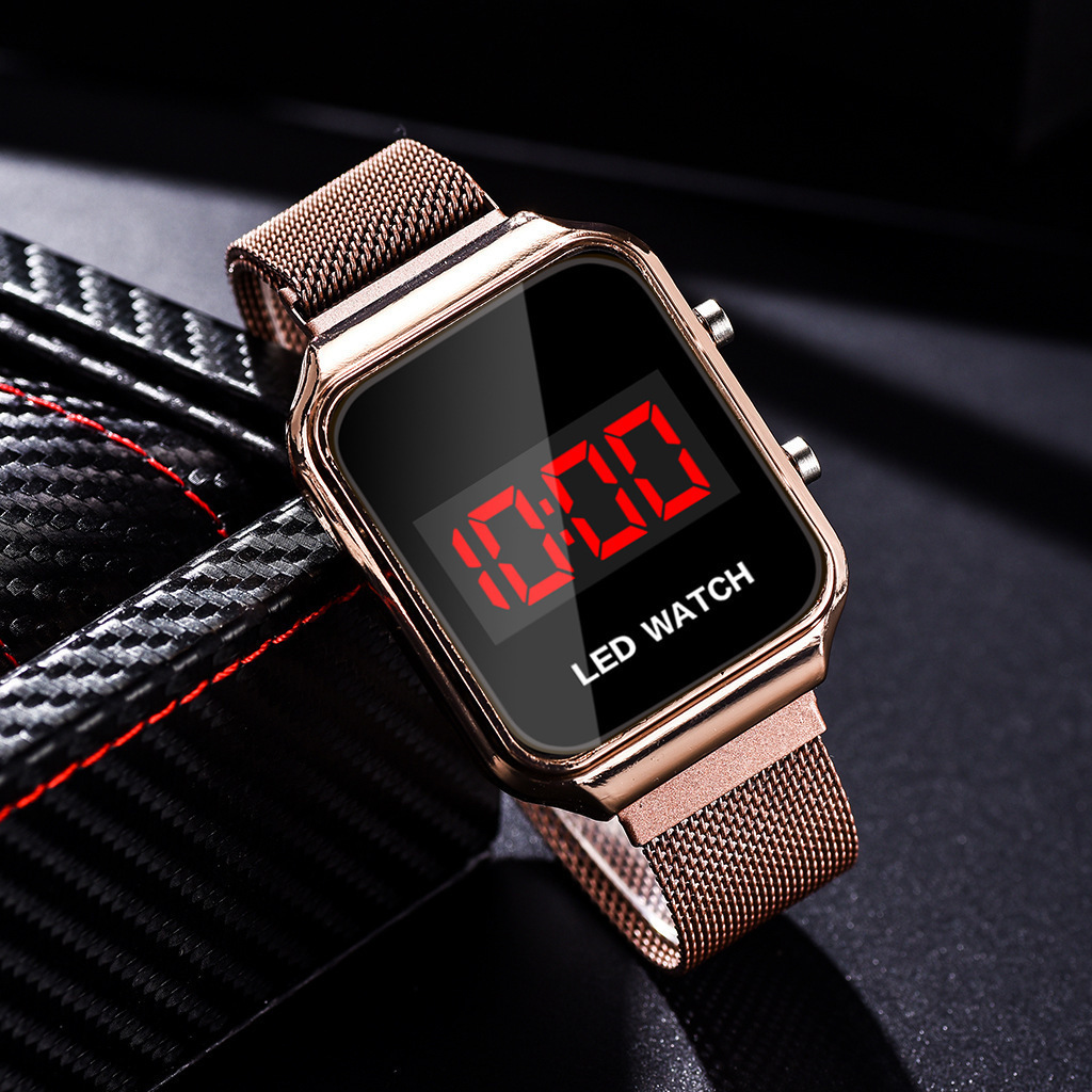Hot selling push-button electronic watch student sports personality magnet buckle mesh belt led watch_voghion.com