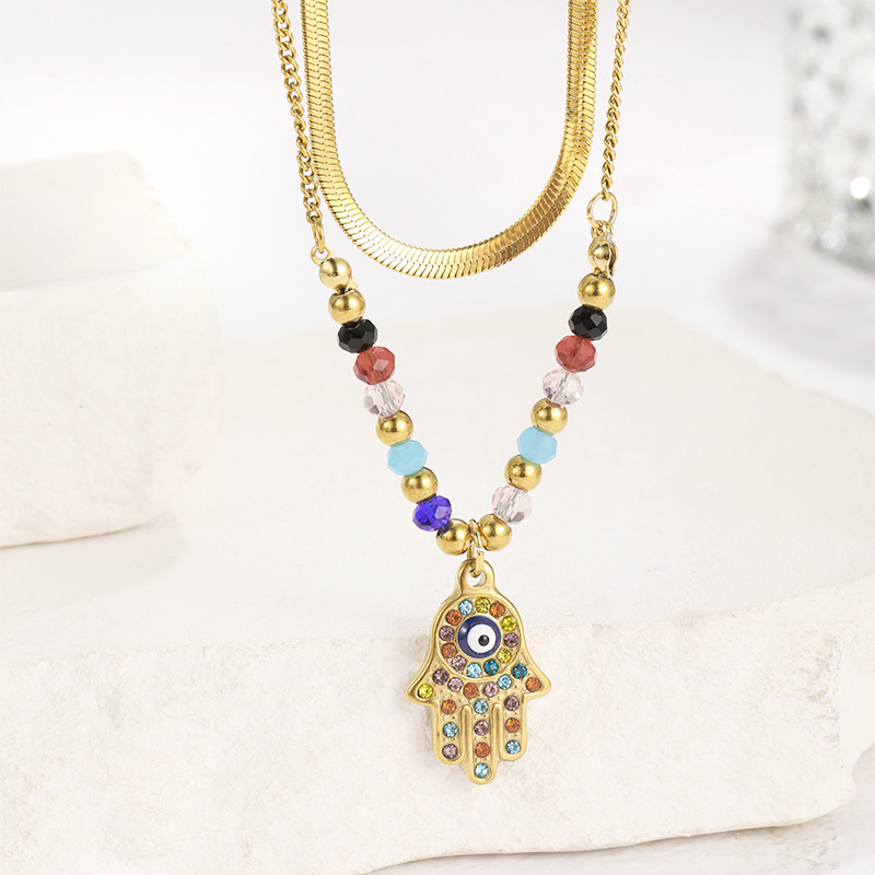 Europeo y americano nuevo estilo de aceite de goteo ojos de Palma de diamantes colgante collar de doble capa de la personalidad femenina todo-fósforo de acero inoxidable Collar chapado en oro image 5