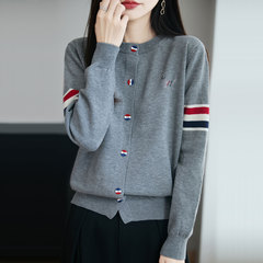 【厂家直供】圆领拼色毛衣开衫女秋季新款时尚刺绣宽松外搭针织衫