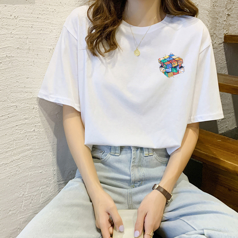 New Korean Style Cartoon Loose T-Shirt Summer Women's Short-Sleeved Versatile Round Neck Half-Sleeved T-Shirt Short-Sleeved White Top