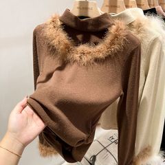 Hollow high neck simple halter sweater for women with autumn and winter 2024 new pleated plush Korean style base shirt top