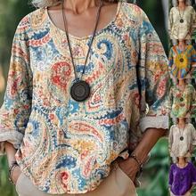 欧美跨境亚马逊秋季新款女装休闲宽松时尚名族风印花圆领长袖T恤