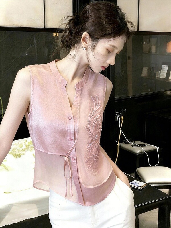 Wzxsk New Chinese-Style Pink Satin Shirt for Women, Spring Design, Light Luxury, High-End, Unique, Beautiful, National Style Embroidery Wzxsk New Chinese-Style Pink Satin Shirt for Women, Spring Design, Light Luxury, High-End, Unique, Beautiful, National Style Embroidery
