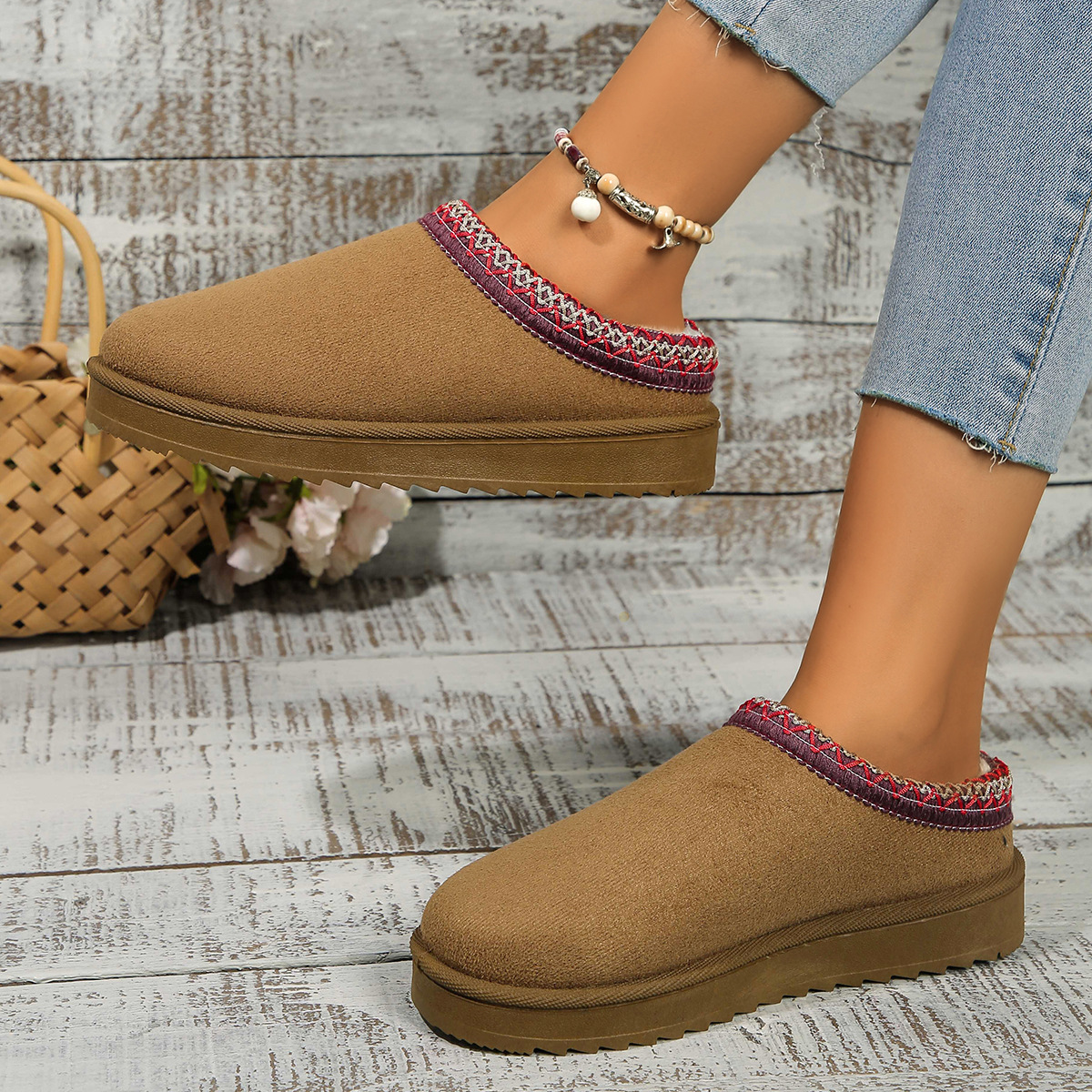 Lace ethnic fashion snow boots women's shoes semi-drag cotton shoes autumn and winter indoor outdoor_viptrois.com