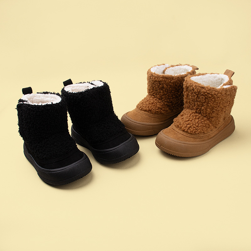 Winter In-Stock Fleece-Lined Warm Children's Snow Boots Casual Mid-Calf Velcro Boots for Young Boys and Girls with Fur Lining
