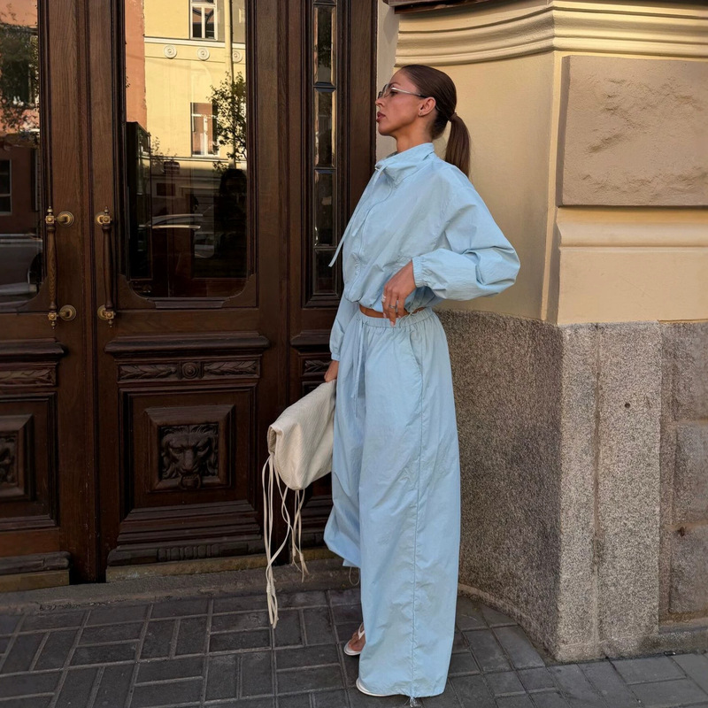 Casual Style Cross-Border Women's Nylon Solid Color Waterproof Fashion Zip-Up Fold-Over Collar Jacket Elastic Waist Straight-Leg Pants Set Casual Style Cross-Border Women's Nylon Solid Color Waterproof Fashion Zip-Up Fold-Over Collar Jacket Elastic Waist Straight-Leg Pants Set
