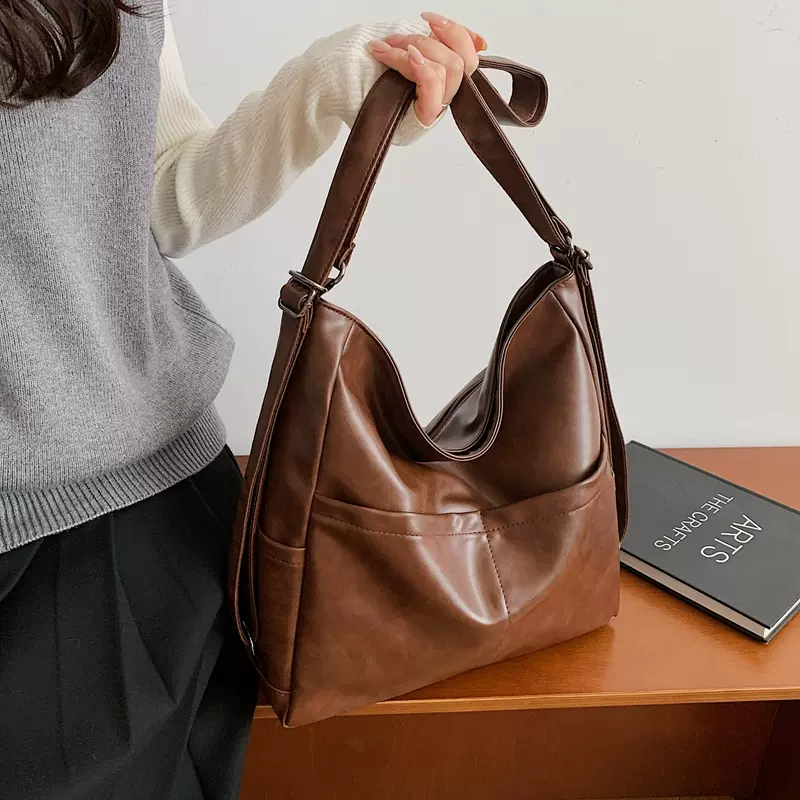 PU皮质防水双肩斜挎包女两用通勤包包2025新款上课托特包单肩挎包