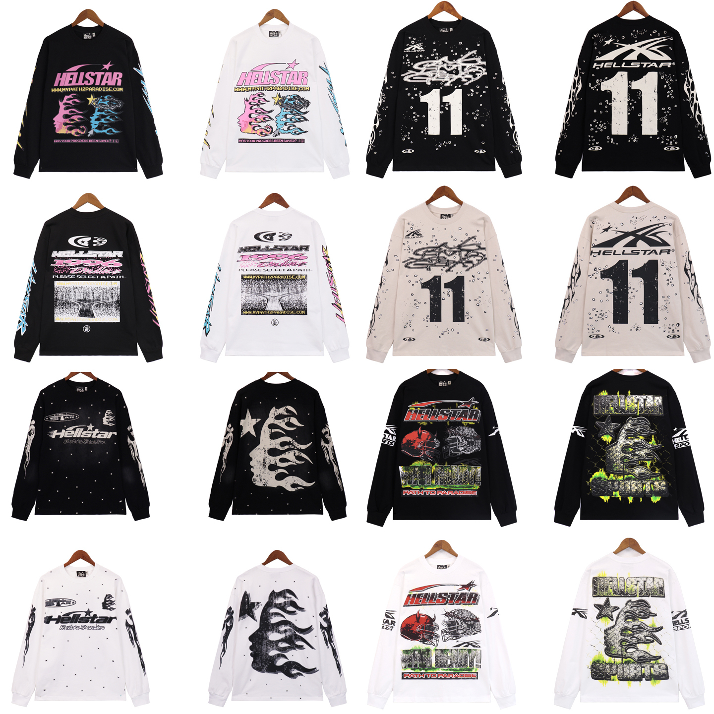 hellstar长袖T恤跨境美式复古潮牌高街地狱之星宽松休闲打底男女
