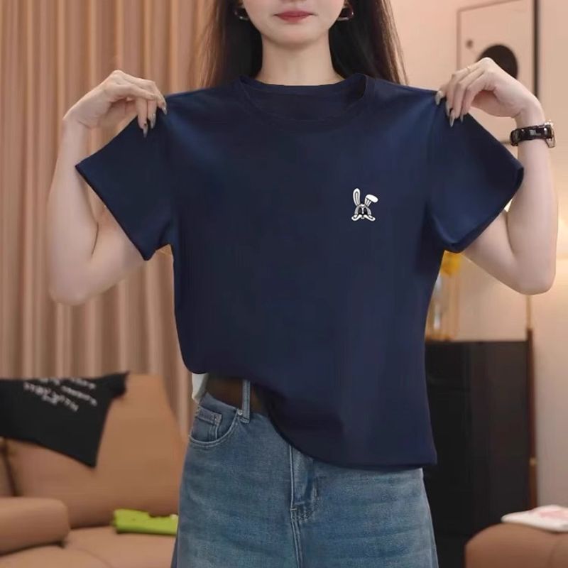 2025新款夏季正肩纯棉短袖t恤女时尚百搭洋气藏青色上衣打底衫|undefined
