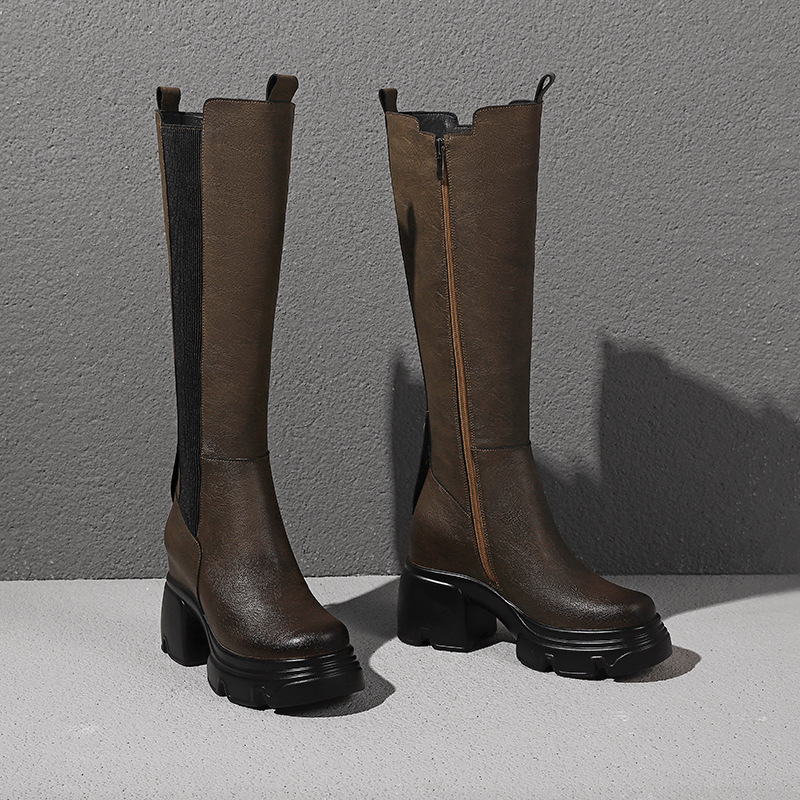 Boot nữ cổ cao ôm bắp chân mũi tròn, đế dày khâu chỉ, gót trong 10 cm — Nhung kaki sâu chi tiết 8