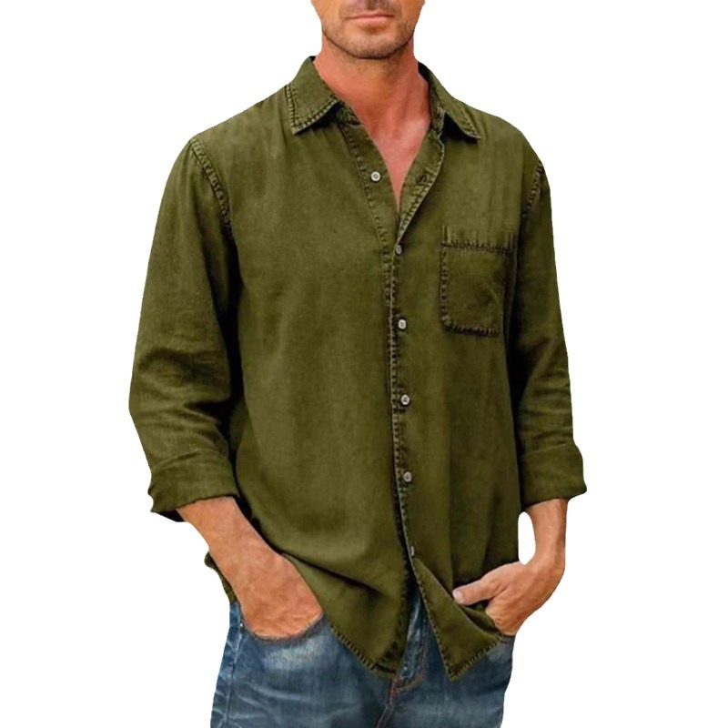 2022 Amazon nueva camisa de otoño para hombre solapa bolsillo de color sólido camisa de un solo pecho camisa de manga larga para hombre