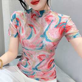 可盐可甜碎钻线条晕染半袖打底衫内搭外穿百搭时髦鬼马少女体恤
