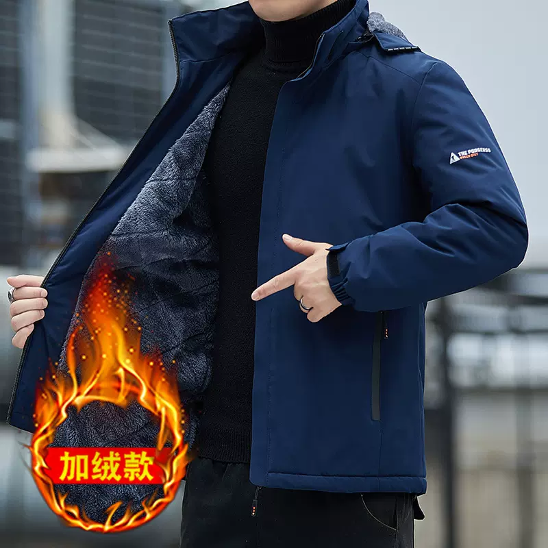 秋冬季新款男士连帽夹克加绒加厚上衣服帅气连帽风衣工装棉衣外套