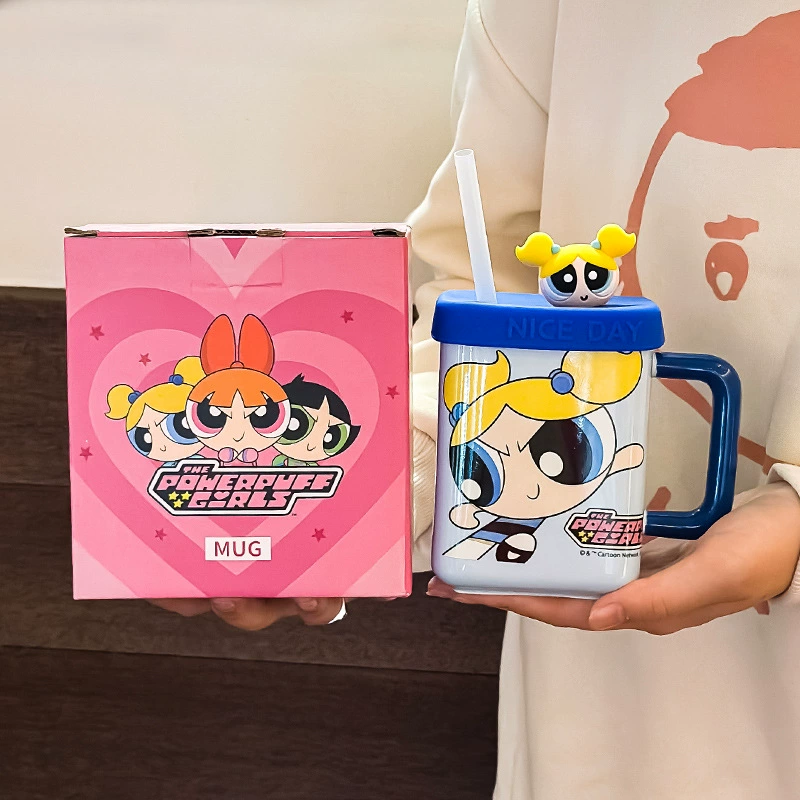 Керамическая кружка Powerpuff Girls 450 мл с крышкой и трубочкой, удобная ручка — подарок