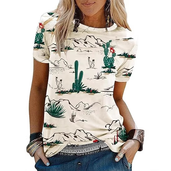 European and American Cross-Border Western-Style Shirt for Women, Vintage Cow Skull Pattern T-Shirt, Casual Denim Short-Sleeve Women's T-Shirt Top European and American Cross-Border Western-Style Shirt for Women, Vintage Cow Skull Pattern T-Shirt, Casual Denim Short-Sleeve Women's T-Shirt Top