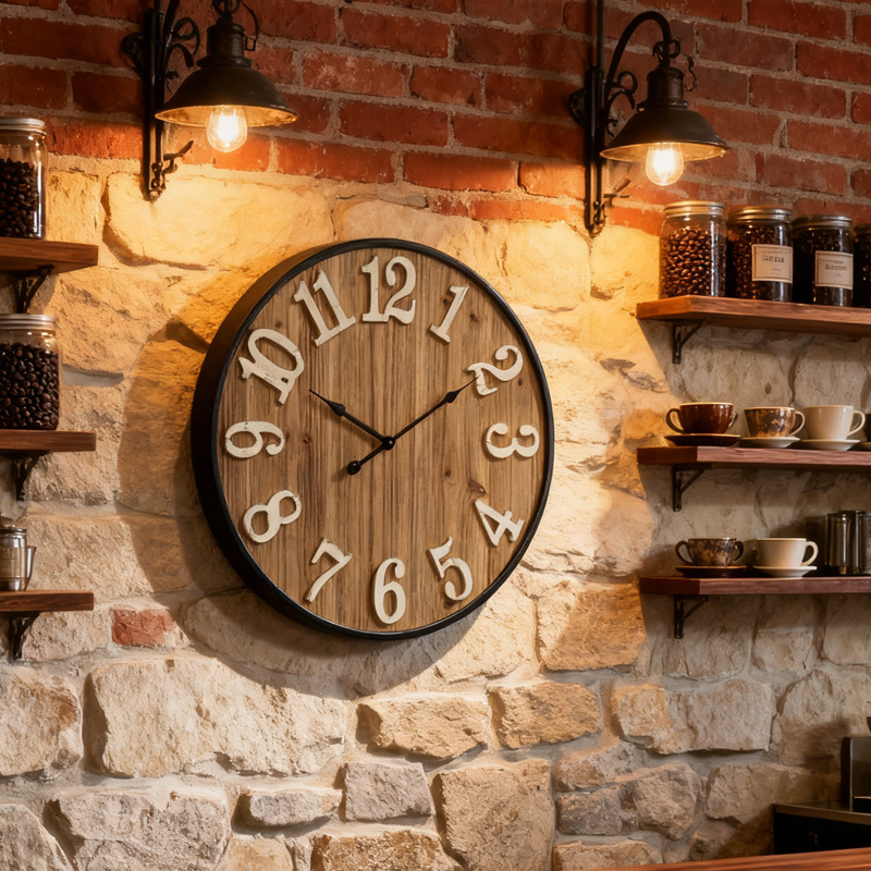 Cross-Border Hot Sale, Retro Wooden Stereo Digital Wall Clock, Industrial Style Cafe Restaurant Wall Decoration Clock
