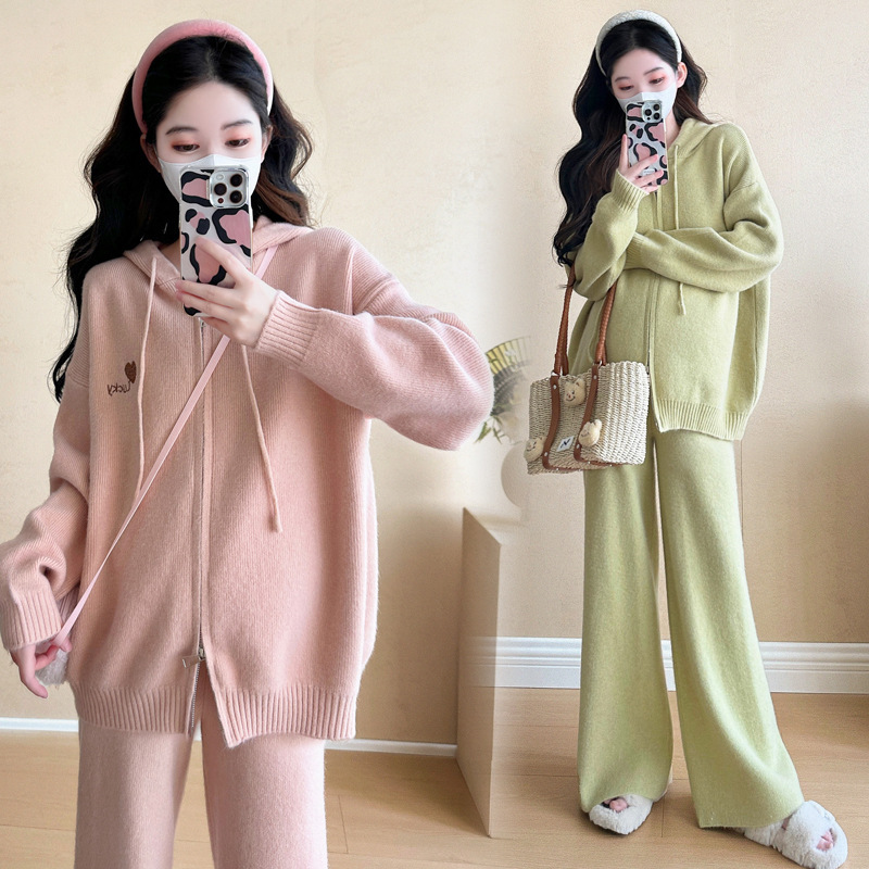 임산부복 가을 겨울 정장 2024 유행 아우터웨어 느슨한 트렌디 엄마 아우터웨어 니트 임산부 투피스 정장 배 가리기 여성