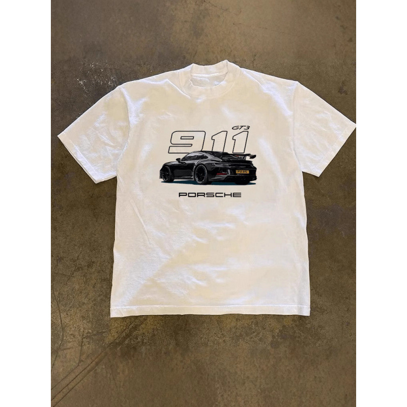 Pure Cotton! American-Style Oversized Porsche 911 Print Couple's Loose Short-Sleeve T-Shirt for Women and Men