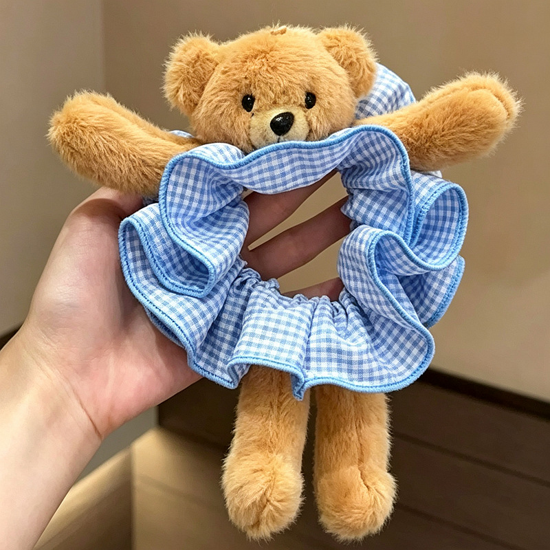 Cute and super stylish plush bear plaid scrunchie for playful bun hairstyles, hair accessory wholesale