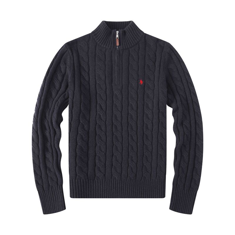 Polo High-End Version Autumn and Winter Polo Sweater with Small Horse Logo, Half-Zip, Thickened Cable Knit, Embroidered Wool Men's Knitwear