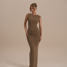 2025欧美风女装冬季新款纯色修身抽褶无袖性感包臀时尚开叉连衣裙